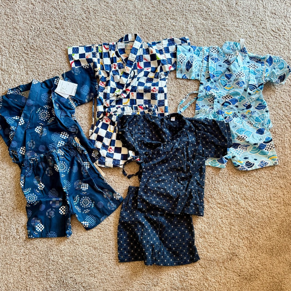 Kids Jinbei Set Japanese Summer Blue and White Pajama Set Kids 1-2T 80cm & 90cm